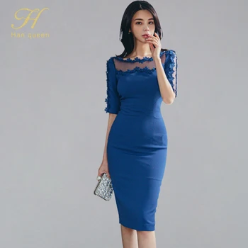 

H Han Queen Korean Elegant Mesh Lace Patchwork O-neck Pencil Dress Women Summer OL Office Wear Dresses Sheath Bodycon Vestidos