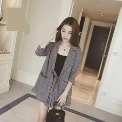 FMFSSOM Conjunto de pantalón corto a cuadros para mujer, traje informal de 2 piezas con un solo botón, bolsillo, lazo con muescas, verano, 2021