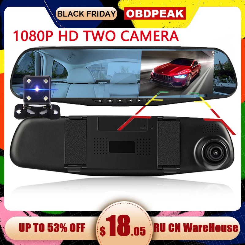 Offerte Dvr del precipitare della macchina fotografica dash cam car specchio retrovisore di visione notturna full HD 1080P auto reverse Image anteriore posteriore dual obiettivo camma del precipitare Del Veicolo