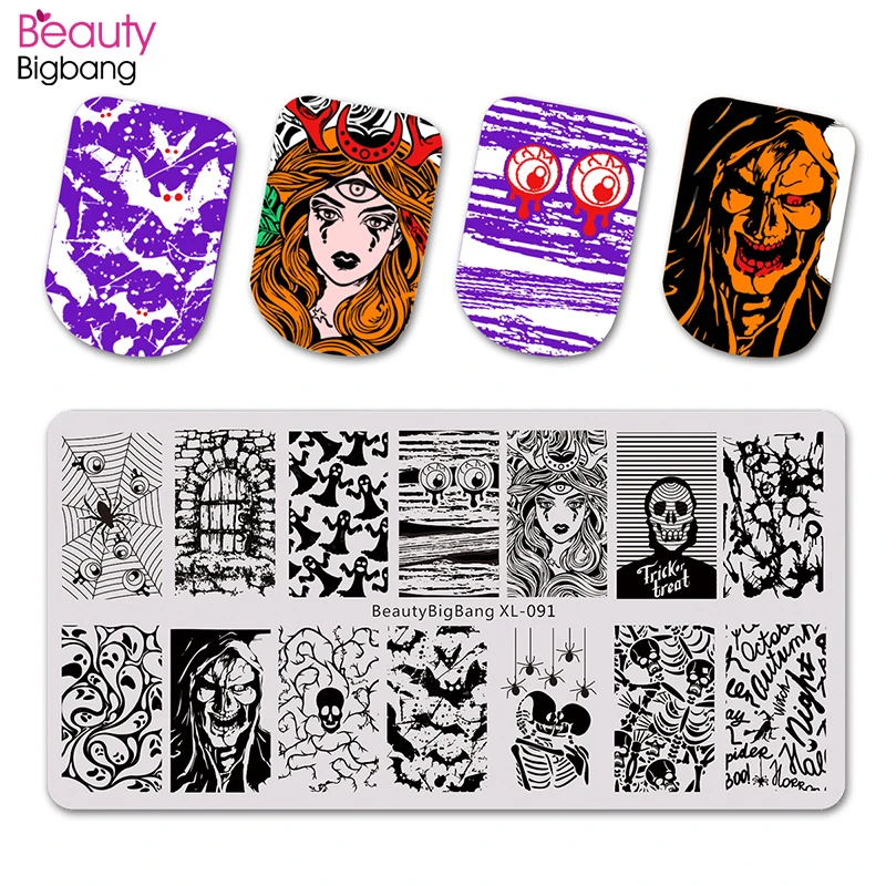 Beautybigbang штамповочные пластины, аксессуары для дизайна ногтей, Забавный призрак, череп, ведьма, изображение на Хэллоуин, штамповка, форма для ногтей, шаблоны, XL-091