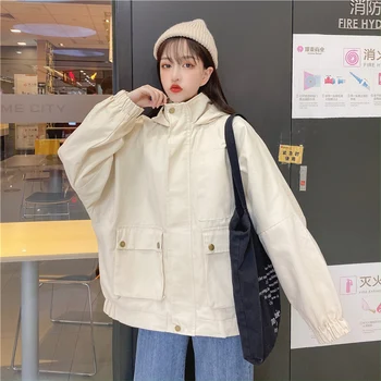 

2020 Spring New Hooded Baseball Uniform Coat Wide Female Ambassadors Pocket Trucker Jacket Women Jacket