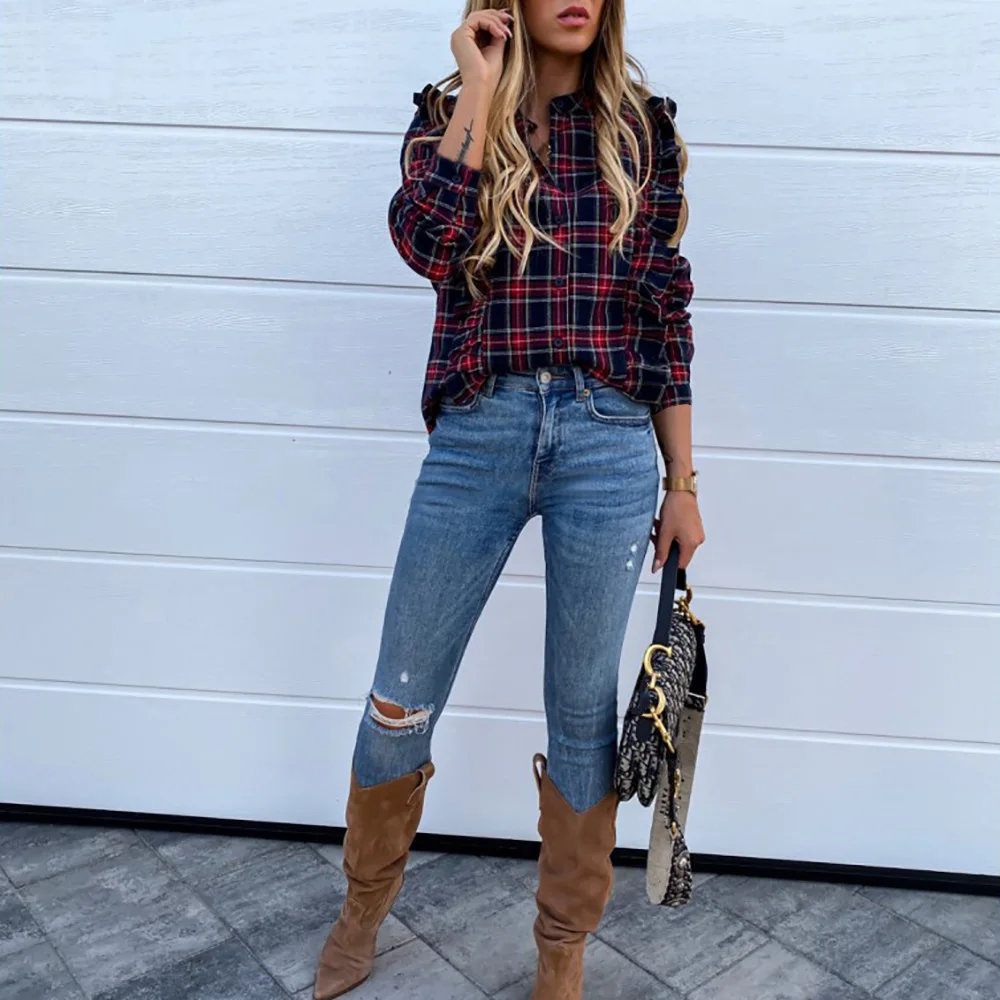  Spring New Ruffle Plaid Blouses Women Casual Vintage Long Sleeve Button Down Shirts Office Ladies G