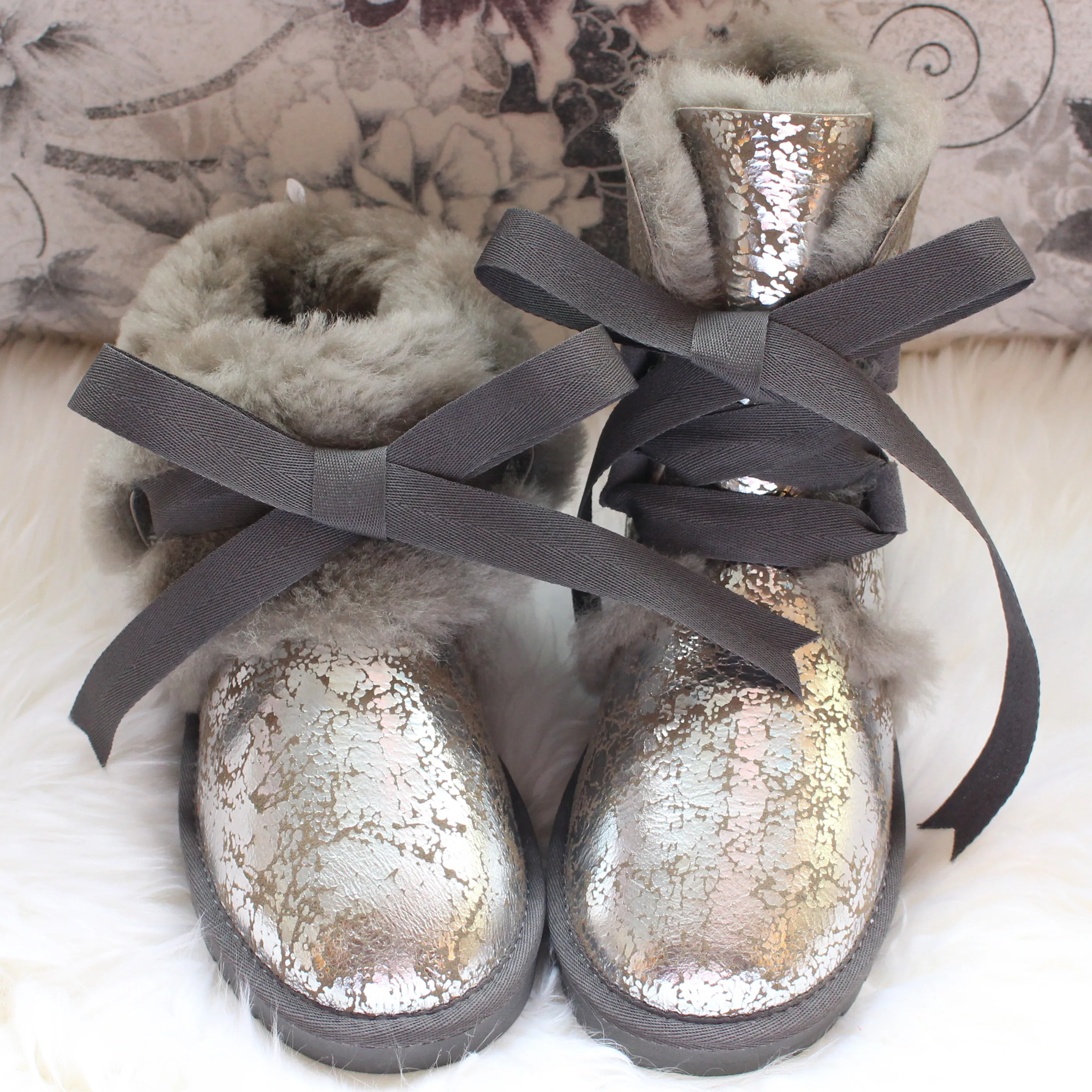 G& Zaco/женские шерстяные ботинки; зимние ботинки из натуральной овечьей кожи; черные кожаные зимние ботинки на шнуровке; Водонепроницаемая Женская Теплая обувь на плоской подошве - Цвет: Silver leaf
