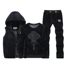 Золотой бархатный мужской спортивный костюм, полный спортивный комплект, куртка, жилет, брюки, 3 комплекта, Зимний пуловер, мужские костюмы, спортивные, для бега