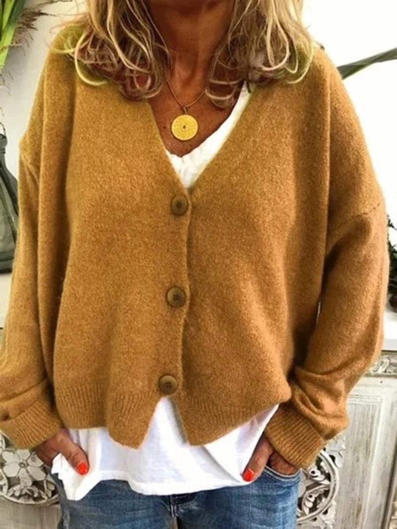 Повседневное v-образным вырезом кардиган на пуговицах, свитер пальто Осенне-зимняя Дамская обувь с длинными рукавами вязаный свитер Свободный пуловер Джемпер с открытым швом; топы - Цвет: yellow