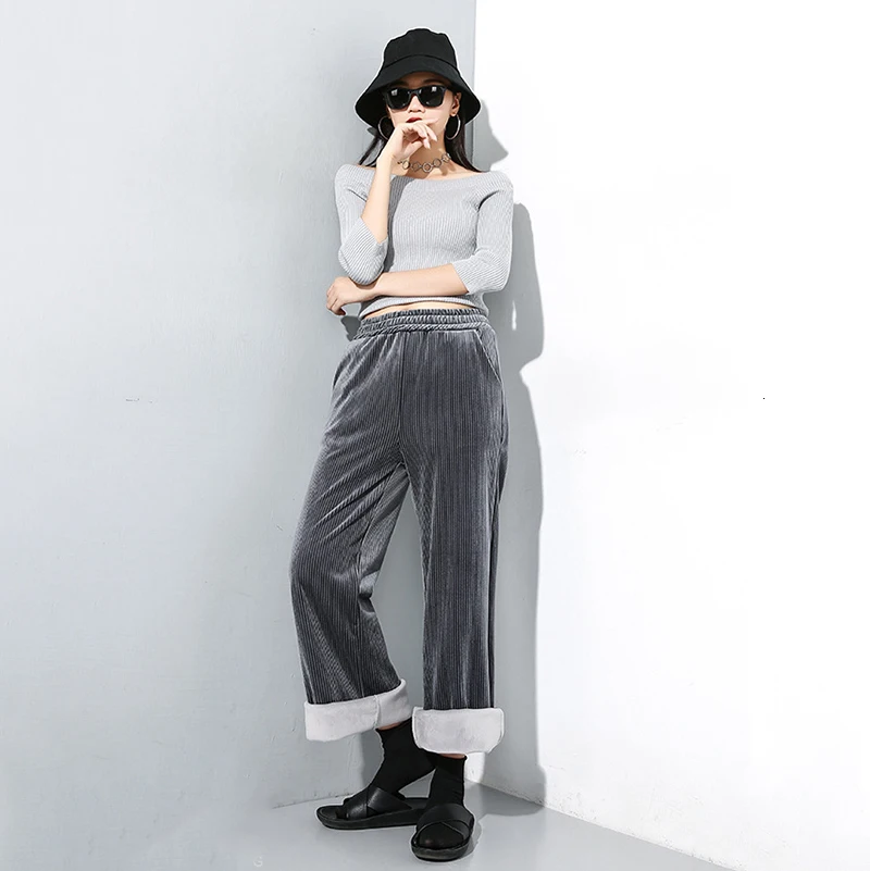 [EAM] High Elastic Waist Black Long Velvet Wide Leg Trousers New Loose Fit Pants Women Fashion Tide Spring Autumn 19A-a25