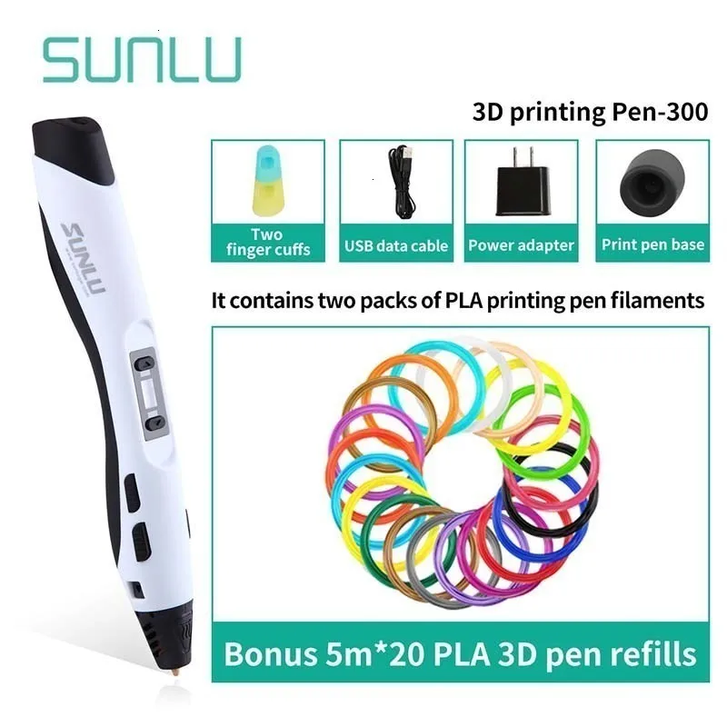 SUNLU 3D Ручка для рисования с 100 м PLA нитью 1,75 мм SL-300 3D ручки для печати для детей, новая подарочная коробка