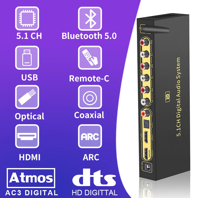 HD820B 5.1CH аудио преобразователь декодер Bluethooth 5 0 приемник DAC HDMI ARC SPDIF коаксиальный к