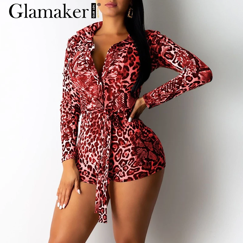 Красный Glamaker, Леопардовый принт, длинный рукав, сексуальный Облегающий комбинезон для женщин, Осенние, вечерние, бандажный пояс, комбинезон, зимний женский костюм - Цвет: Красный