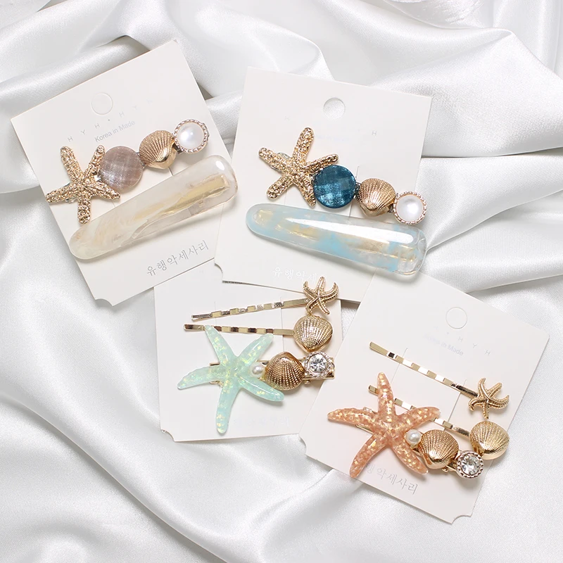 

2/3PCS Ins Korean Style Shell Hair Clips Set Starfish Ocean Resort Style Girls Barrettes Candy Color Accessories Side Clip