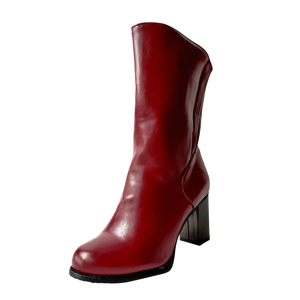 Зимние сапоги; женские модные однотонные ботинки из искусственной кожи с круглым носком на молнии и квадратном каблуке; повседневные винтажные женские ботинки; botas feminina - Цвет: Красный