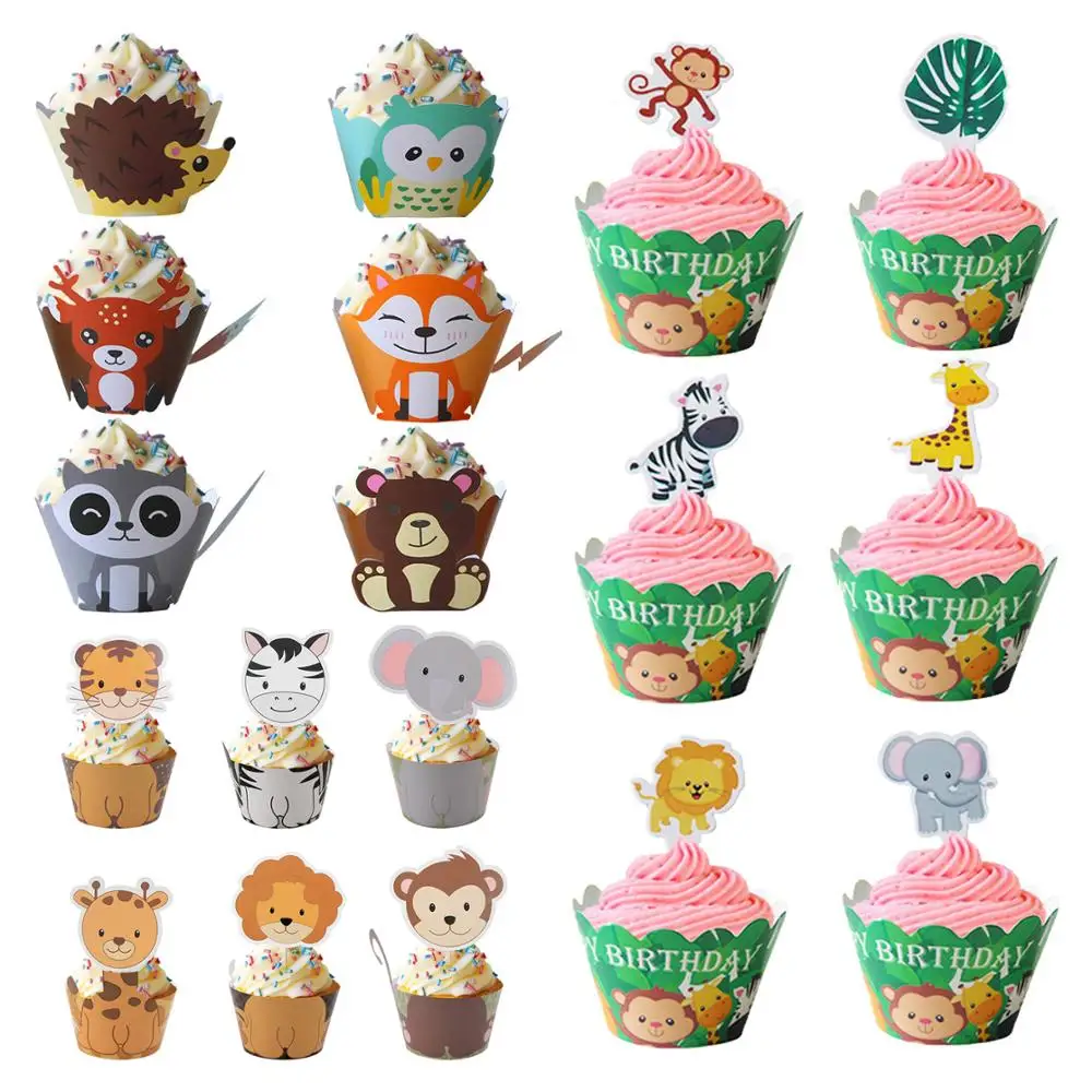 

12pcs/set Jungle Animal Cupcake Wrapper Topper Safari Zoo Party Birthday Party Decorations Kids Baby Shower Party Supplies