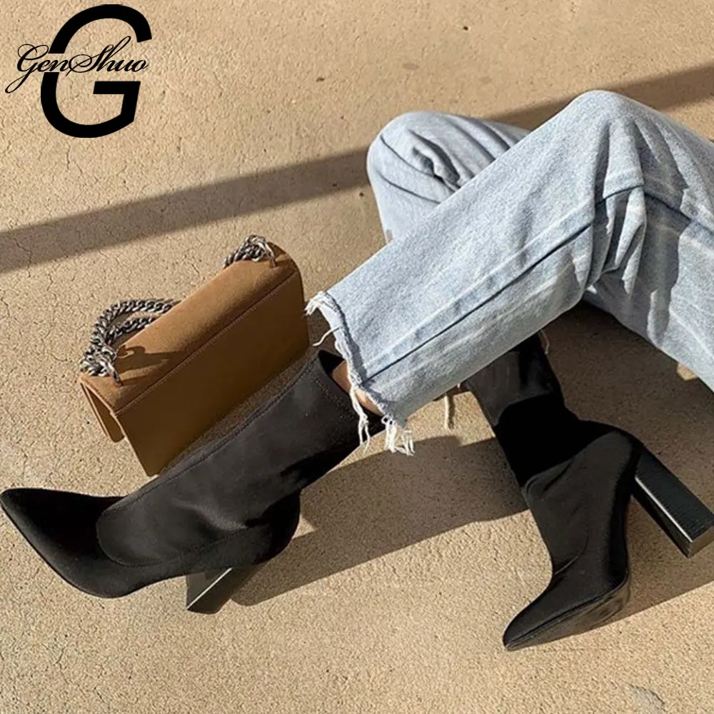 

GENSHUO Fashion Elastic Sock Ankle Boots Chunky High Heels Stretch Women Autumn Sexy Booties Pointed Toe Women Pumps Boots Woman