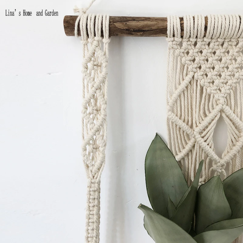 single tier decorative organization wood and cotton rope handmade wall hanging shelf