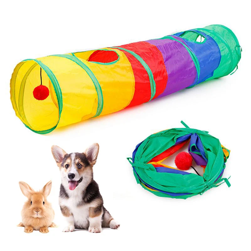 Extra Long Fun Pet Tunnel Cat Play Rainbow Tunnel Brown Foldable 2 Hole Cat Tunnel Kitten Toy