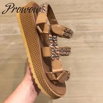 

Prowow New Summer New Genuine Leather Metal Chain Sandals Open Toe Flats HIgh Quality Sandals Shoes Women