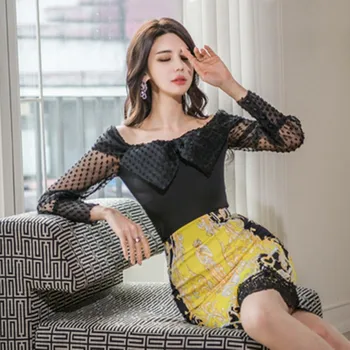 

Summer Fashion Week Women's Sexy One Word Collar Off Shoulder Bow Top + Elegant High Waist Printed Business Skirt 2 Pieces Set