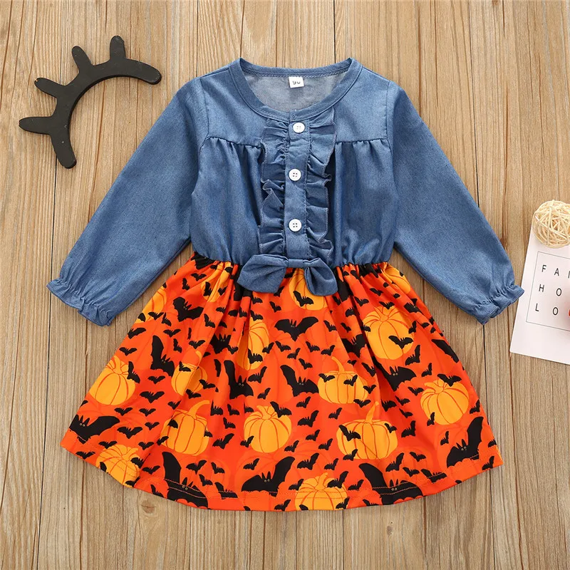 

Baby Clothes Girl Dress Newborn Infant Toddler Dress Fashion Halloween Denim Stitching Dress Bow Princess Party Dress Ropa Bebe