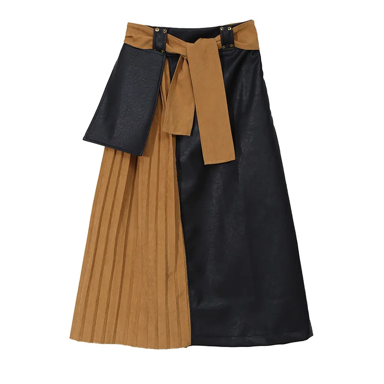 Женская осенне-зимняя длинная Плиссированная юбка из искусственной кожи с высокой талией, свободная модная уличная юбка с поясом в стиле панк