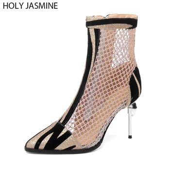 

Sexy Mesh Ankle Boots Women Pointed Toe Short Booties Fashion Women Pumps 9.5cm High Heels Spring White Black Gold Botas Mujer
