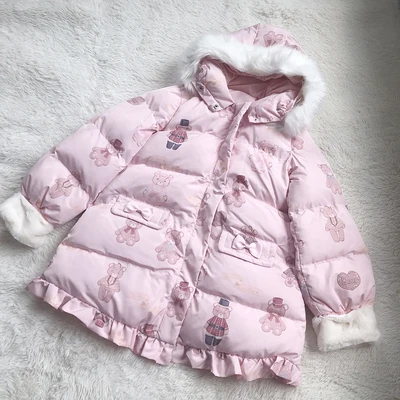 Новинка зимы, женское милое пальто в стиле Лолиты, розовый, белый, с рисунком медведя, куртки с рисунком, Kawaii, милый наряд для девочки, парка с длинным капюшоном - Цвет: Розовый