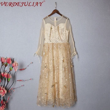 

VERDEJULIAY Fashion Spring Autumn Dress Women's Long Sleeve Sequined Stars Embroidery Elegant Bow Party Long High Waist Dresse