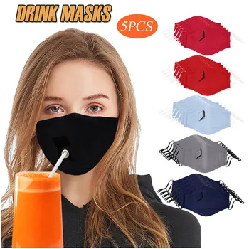 

5PCS Adult Women Breathable Face Mask Face Shield Washable Mouth Mask Reusable Facial Mask with Hole for Straw