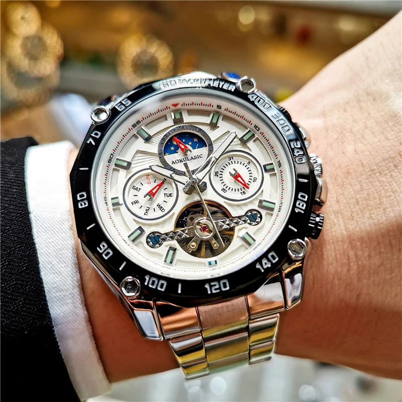 

AOKULASIC Automatic Mechanical Watches Men Moon Phase Self-Winding Male Luxury Brand Sport Skeleton Wristwatch Relogio Masculino