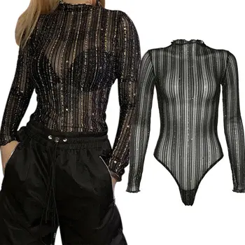 

Women Long Sleeve Turtleneck Lace Bodysuit See Through Leotard Jumpsuit Autumn Fashion Casual Sexy Striped Lady Clubwear Romper