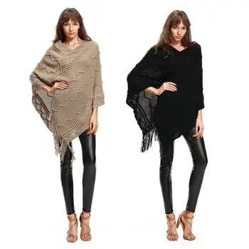 

Fashion Women Wavy Stripes Knit Batwing Sweater Lady Casual Autumn Fringe Tassels Cloak Poncho Pullover Tops Female Jumper Shawl