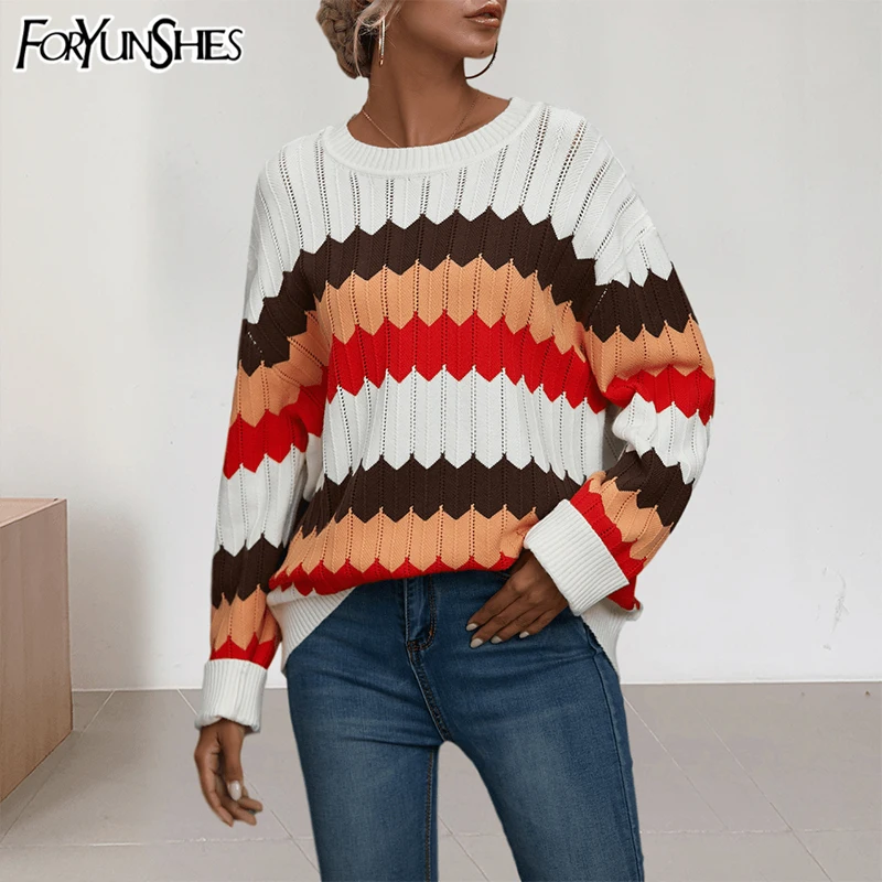 

FORYUNSHES Women Wave Pattern Color Striped Knitted Pullovers Sweater 2020 Fashion Autumn Winter Loose Casual Contrast Sweaters