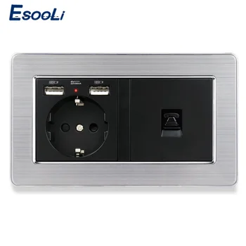 

ESOOLI Stainless Steel Panel EU Standard Socket with 2 USB Charge Port +1 Gang RJ11 2 Core Telephone Connector Electric Socket