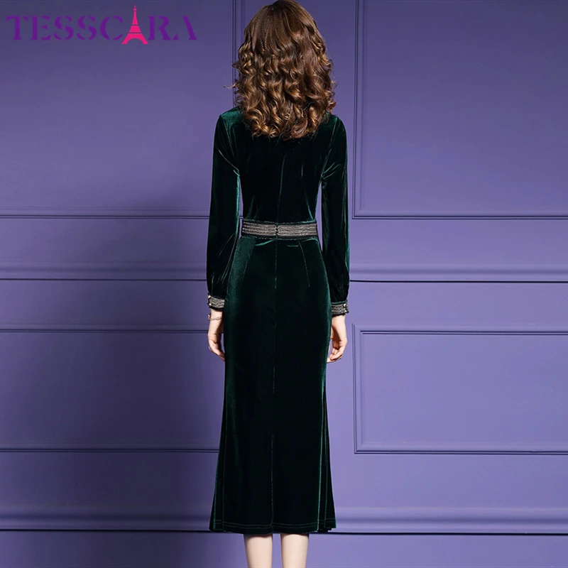 Женское винтажное коктейльное платье TESSCARA Длинное Элегантное бархатное с