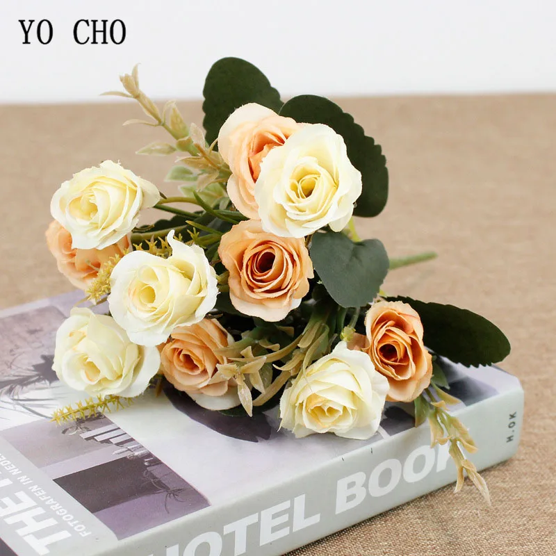 YO CHO 10 Heads Mini Artificial Roses Flowers Bouquet Imitation Fresh Flores Christmas Wedding Party Home Decorative Fake Floral | Свадьбы и