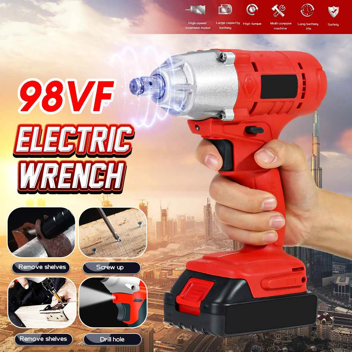 

98VF Li Battery Electric Wrench Car Repair Electric Drill Screwdriver High Efficiency Pressureless Motor w/Scattering LED light