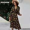 Aachoae Women Floral Print Elegant Long Dress Lace Patchwork Lady Party Dresses V Neck Lantern Sleeve Boho Beach Dress Robe ► Photo 1/6