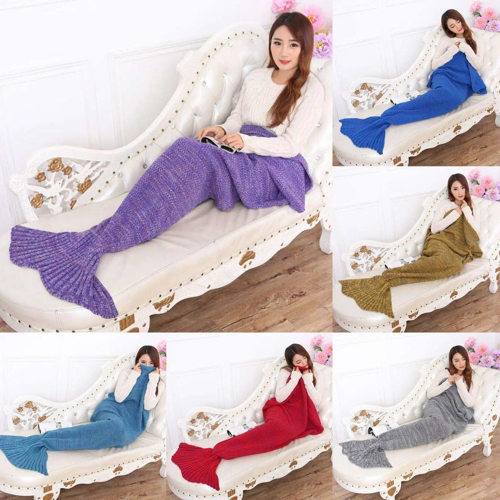 

7 Colors Mermaid Tail Blanket Crochet Mermaid Blanket For Adult Super Soft All Seasons Sleeping Knitted Blankets