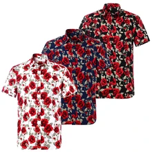 

Summer Pure Cotton Hawaiian Men Shirt Short Sleeve US Size Rose Floral Beach Regular Fit Male Blouse
