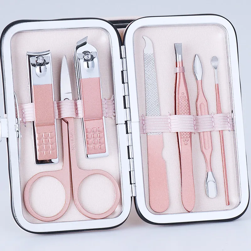 Розовые ножницы для ногтей из нержавеющей стали, набор для маникюра, педикюра, набор для ухода - Цвет: pink 7pcs