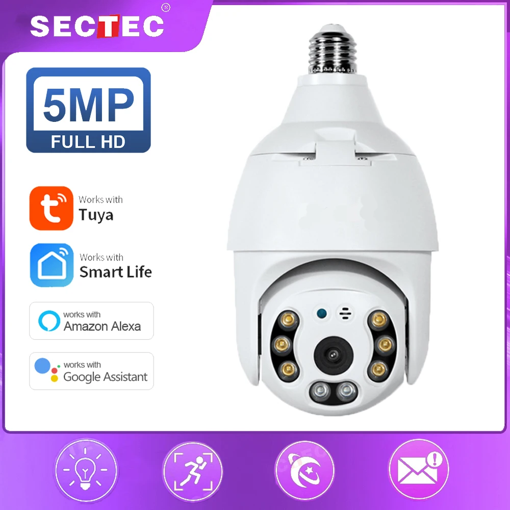SECTEC 5MP /3MP HD Wifi Camera Tuya Smart 360°Panorama IP Light Bulb Home Security CCTV Surveillance Cam For Monitor | Безопасность и