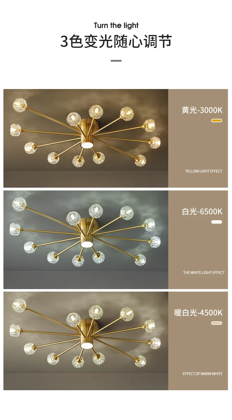 Modern luxury copper crystal ceiling lamp lighting American retro lamp restaurant golden luster molecular art ceiling lamp