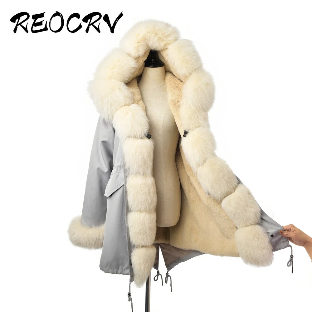 Prix REOCRV 2019 gris clair Parka avec capuche vraie fourrure Parka femmes naturel fourrure de renard Parka femmes hiver manteau femmes Rex lapin fourrure veste