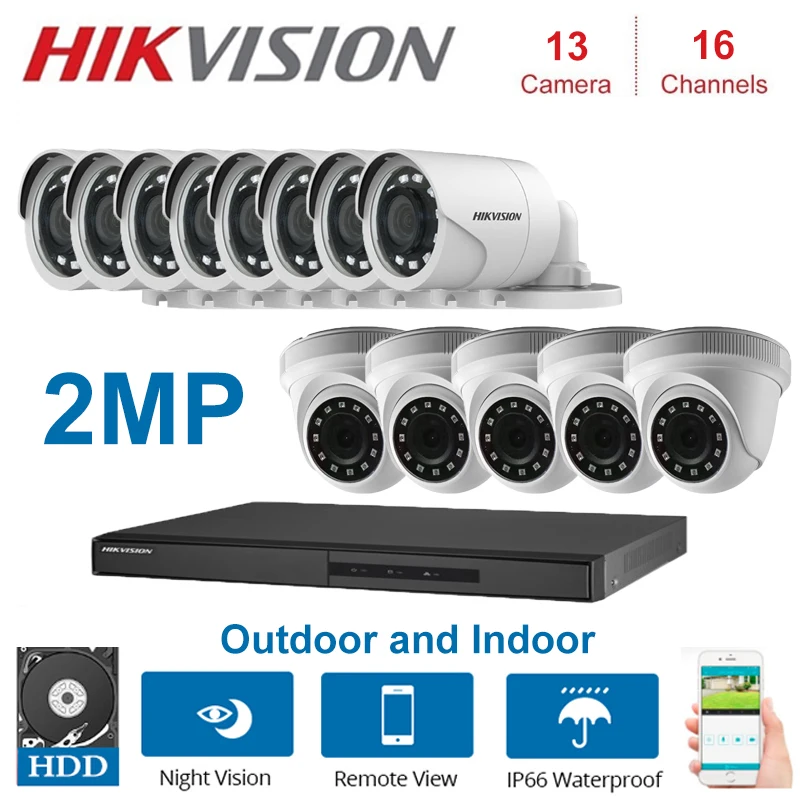 2MP HIKVISION 16-канальный видеорегистратор Гибридный видеонаблюдение Регистраторы с 2MP в маскирующем колпаке для внутренних помещений и Открытый Пуля безопасности комплекты камер