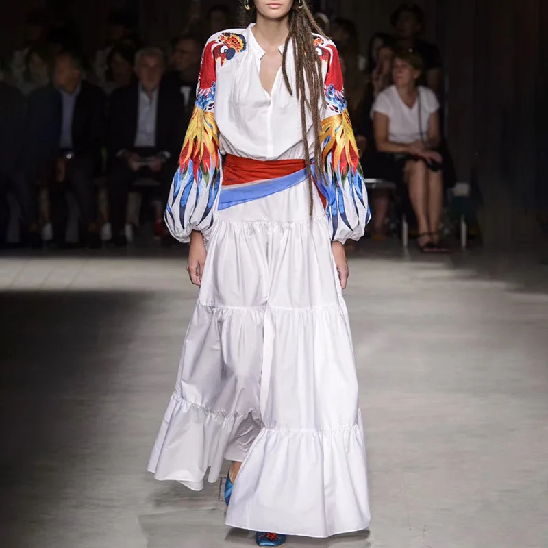 

Phoenix Embroided Dress 2020 Catwalk Models Crew Neck Lantern Long Sleeve High-waisted Color Lace-up Swinging Skirt