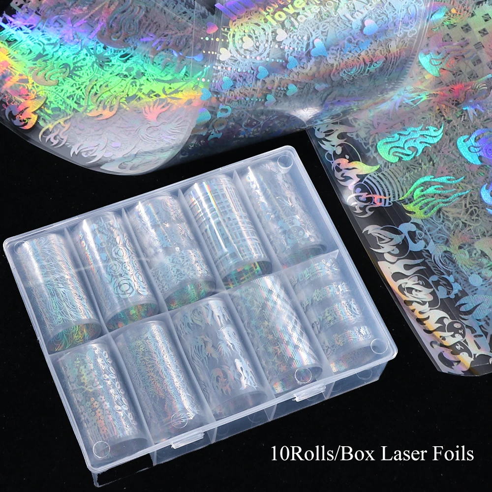 10 Rolls Holographic Flame Nail Foil Transfer Sticker Fire Rose Bamboo Feather Stripe Nail Art Decals Laser Slide Foils SAXKC71