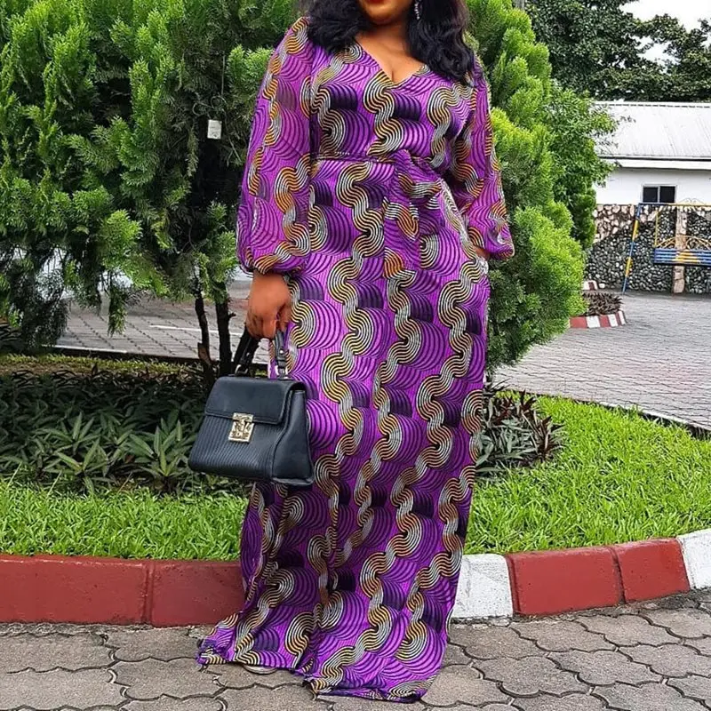 

V-Neck A-Line Floor-Length Maxi Dress Women 2019 Autumn Purple Sashes Long Dresses African Style Plus Size Party Robe Vestito