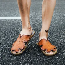 Новинка года; летние мужские сандалии с ремешком; кожаные пляжные сандалии; дышащие мужские шлепанцы в римском стиле; водонепроницаемая обувь; большие размеры 38-48; 12,16