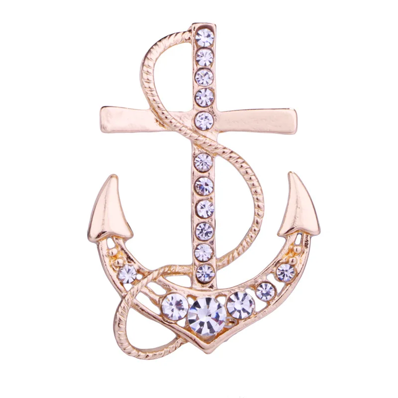 European Fashion Gold Color Crystal Anchor Brooch Fashion Boat Rudder Collar Pins Jewelry Shirt Collar Suit Pin Brooch Man Gifts