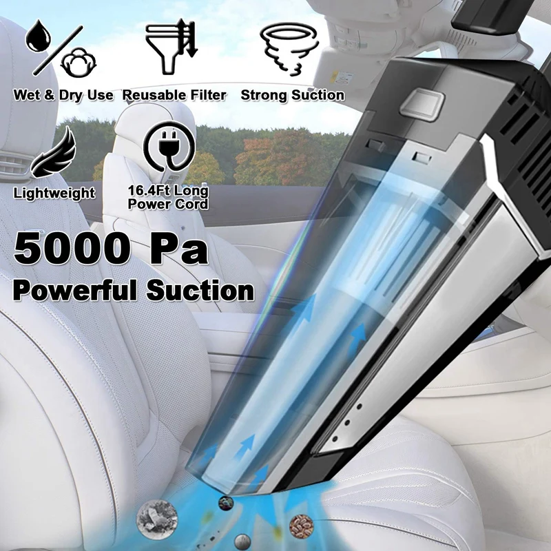 Автомобильный пылесос, 12V 5000PA влажный/сухой портативный ручной пылесос с 5 м шнуром питания, сильный вентилятор, HEPA фильтр для автомобиля Stron