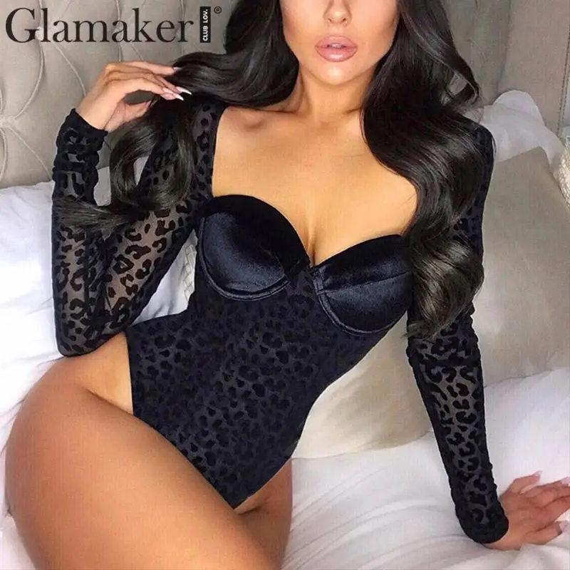 Женский комбинезон с леопардовым принтом Glamaker черный прозрачный облегающий